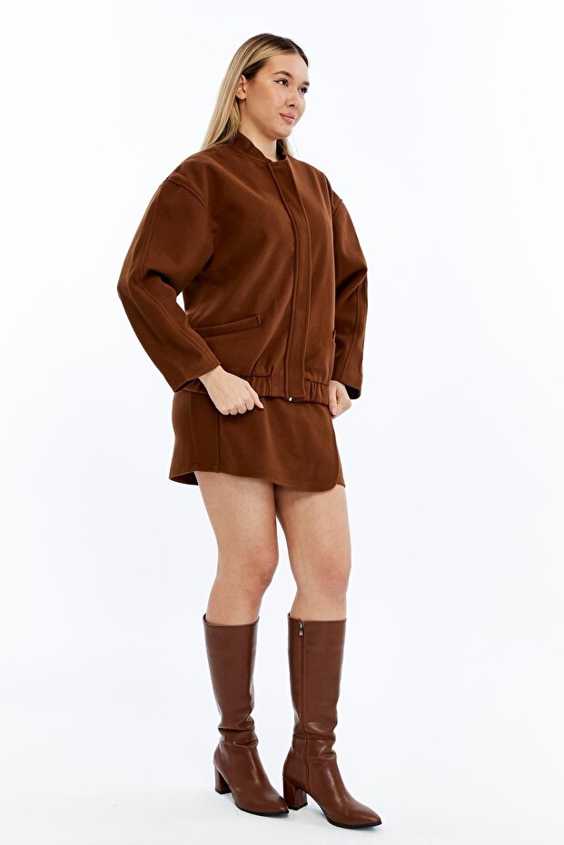 Kadın Önü Bindirmeli Süet Mini Etek - 3