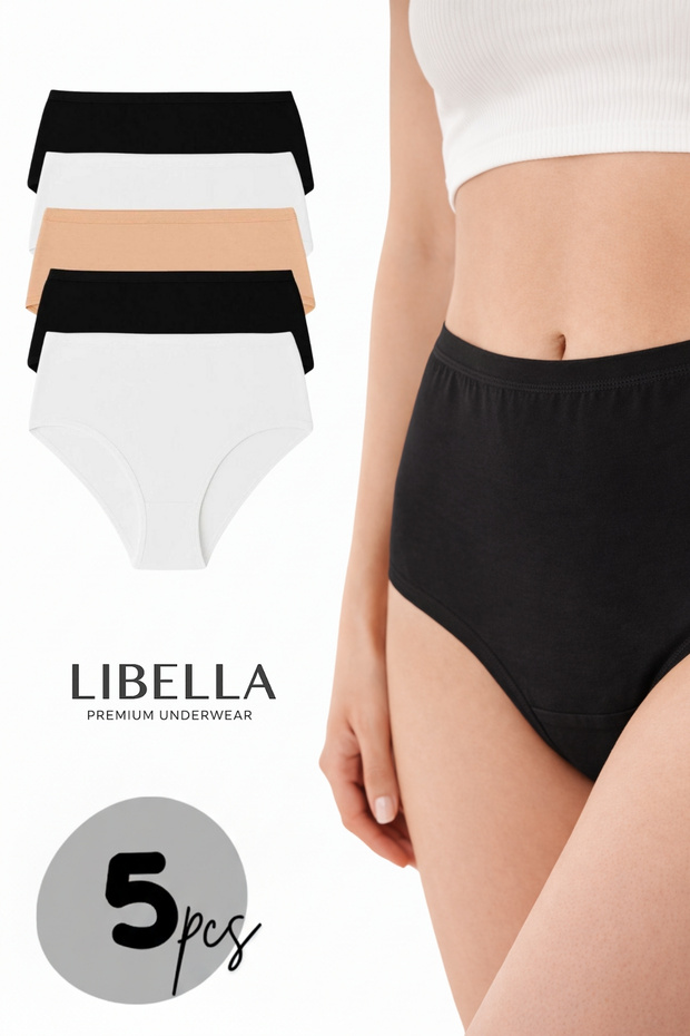 Women's Panties 5 Pack High Waist Cotton Lycra Black White Skin Color