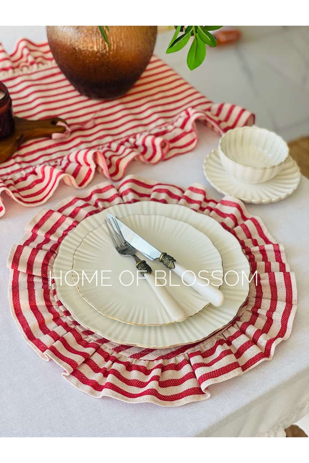 2Li Red Striped Linen Frilly American Service/ Supla