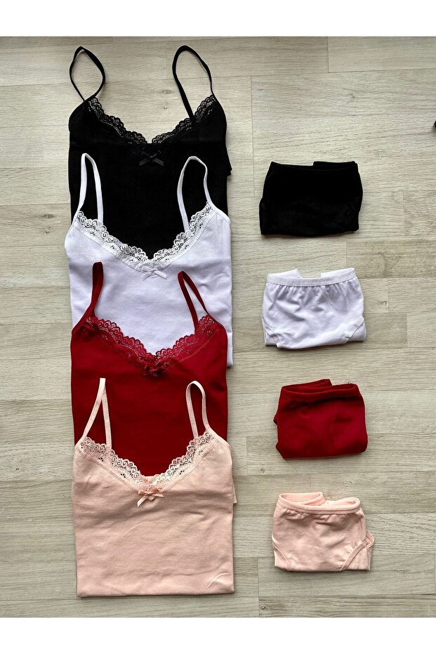 4-Piece Colorful Lace Cotton Undershirt and Panties Set with Rope Straps