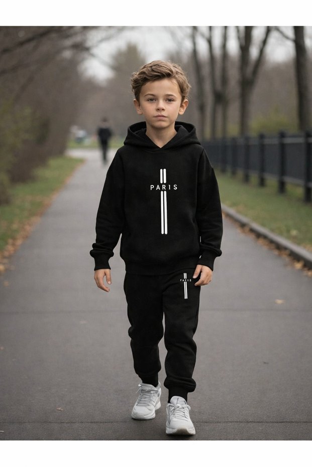 Double Line Paris Printed Cotton Kids Hoodie Set - Black Jogger Printed Girls Boys