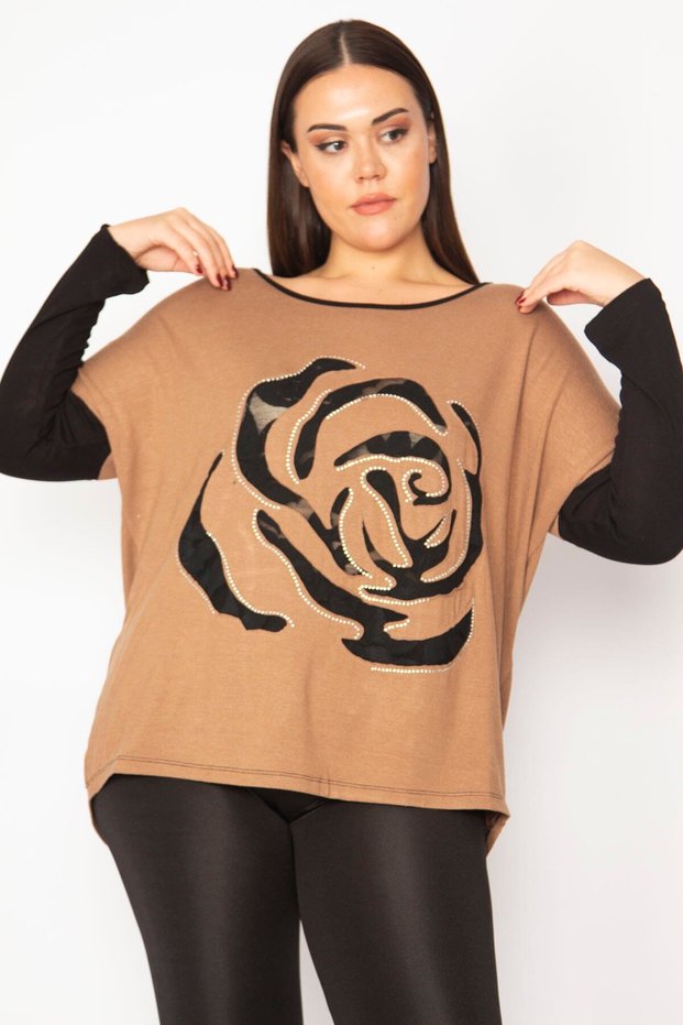 Women's Large Size Camel Front Flock Pattern and Stone Detailed Two Color Tunic 65n29336