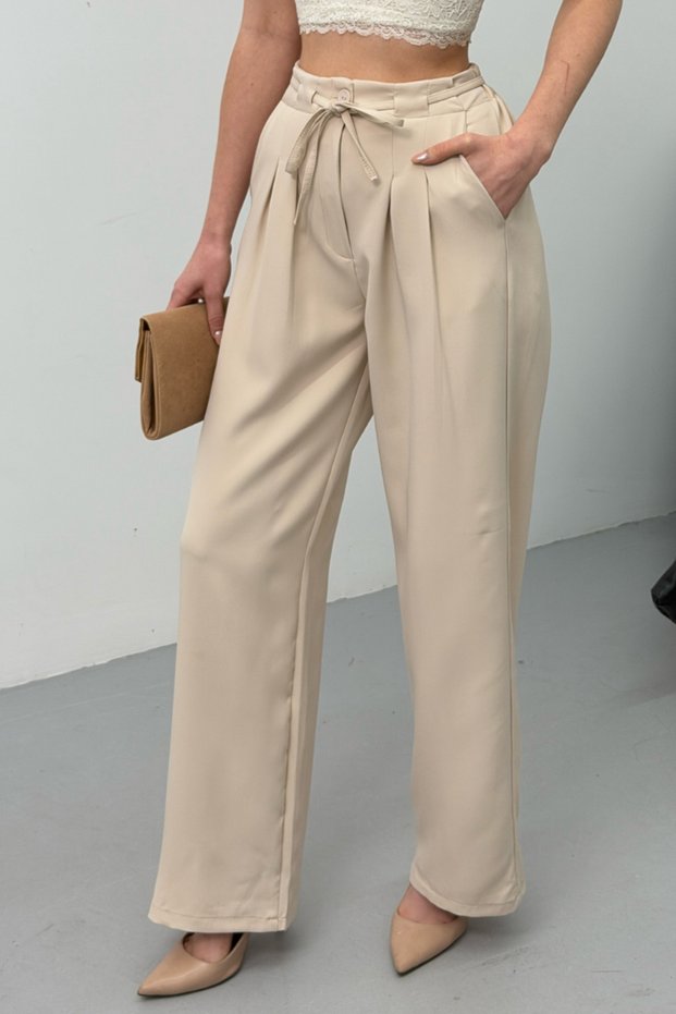 Women's Trousers with Lace-Up Waist, Pleated Detail, Double Pockets, Wide Leg Pants