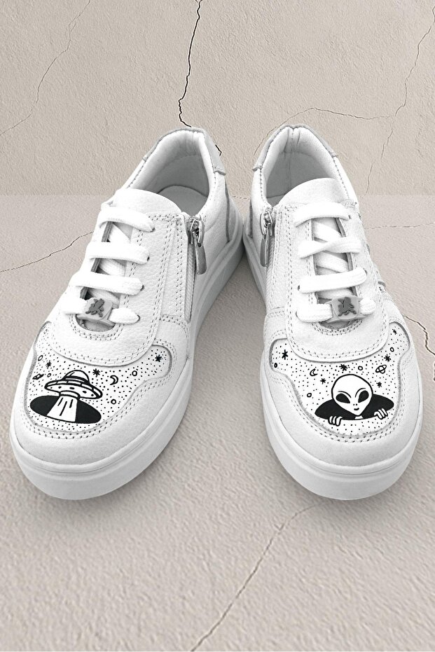 Tbons Special Design Genuine Leather White Lace-Up Zippered Children's Shoes