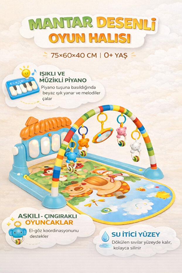 HAK İŞ OYUNCAK Piyanolu Mantar Desenli Bebek Oyun Halısı – 0+ Ay, Hayvan Figürlü Işıklı ve Müzikli Gelişim Matı ve