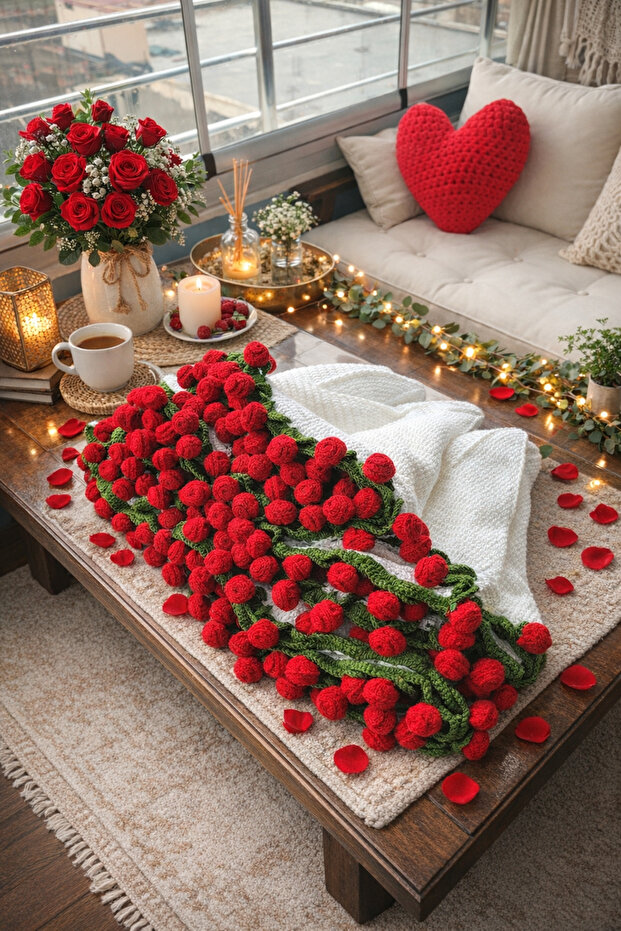 Handmade Rose Bouquet Shawl Blanket – Perfect for Valentine's Day & Special Gift Home Decoration - 100cm