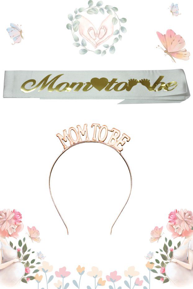 Mom To Be Metal Crown and Sash & Baby Shower Set & White Gold Sash Rose Crown