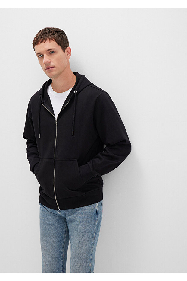 Kapüşonlu Fermuarlı Siyah Basic Sweatshirt 0S10277-900 - 1