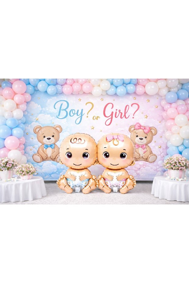 Gender Reveal Party Set with Teddy Bear and Baby Figure – Boy or Girl Concept