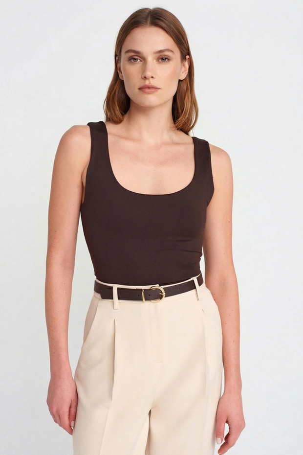 Round Neck Strapless Tank Top Bady Satin Blouse with Chest Insert - Brown