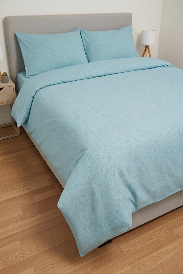 Solid Color Cotton Fabric Double Duvet Cover Set (Elastic Sheet)