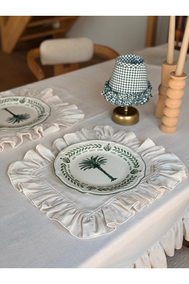 6-Piece Natural Raw Linen Rectangular American Serving Plate/Soup Plate with Ruffle Detail