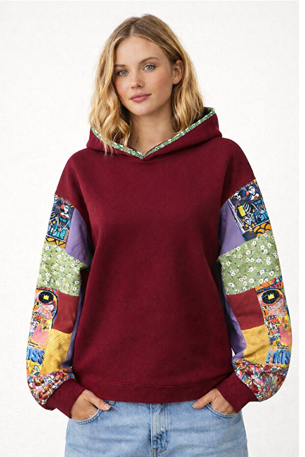 Women's Blouse, Burgundy Women's Sweatshirt, Women's Sweatshirt with Patchwork Detail on the Sleeves, 3 Threads