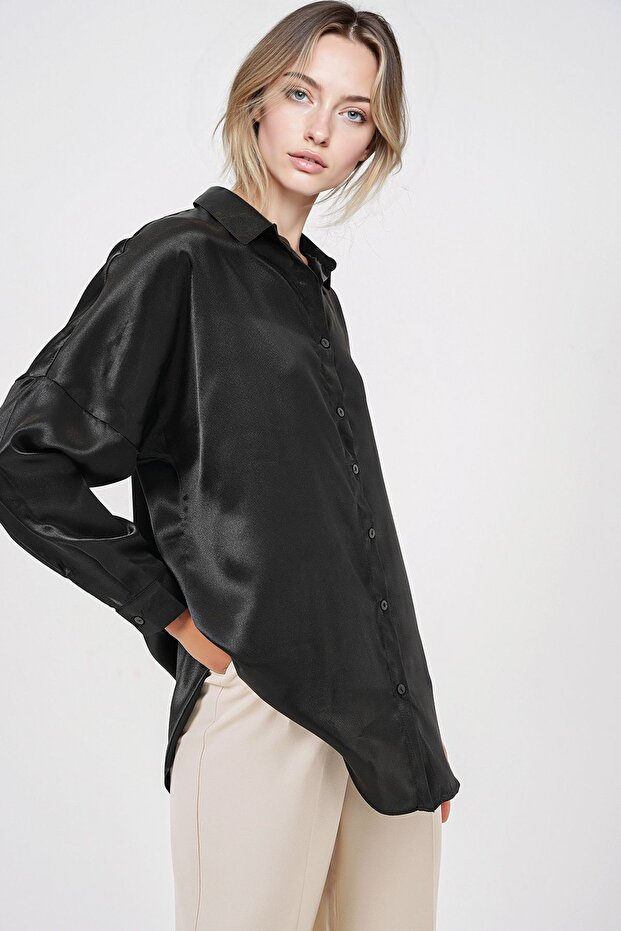 BDART Düğmeli Oversize Saten Gömlek - 3