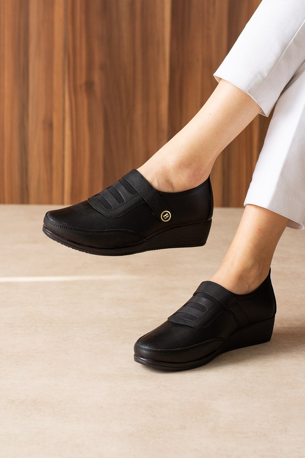 Luxury Leather Black Women's Wedge Heeled Oxford Shoes 4cm