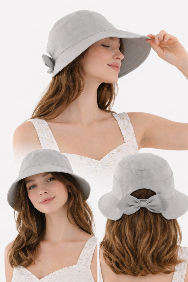 Gray Bow Bucket Hat 100% Cotton