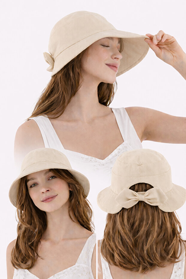 Bowknot Bucket Hat 100% Cotton Cream
