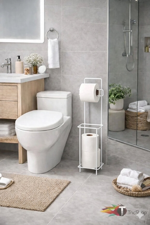 Square White Stand Multi-Purpose Metal Toilet Paper Holder with Spare Roll Compartment - White Square