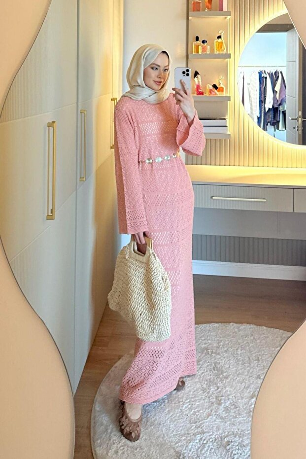 Ajur Örme Elbise Pembe - 3