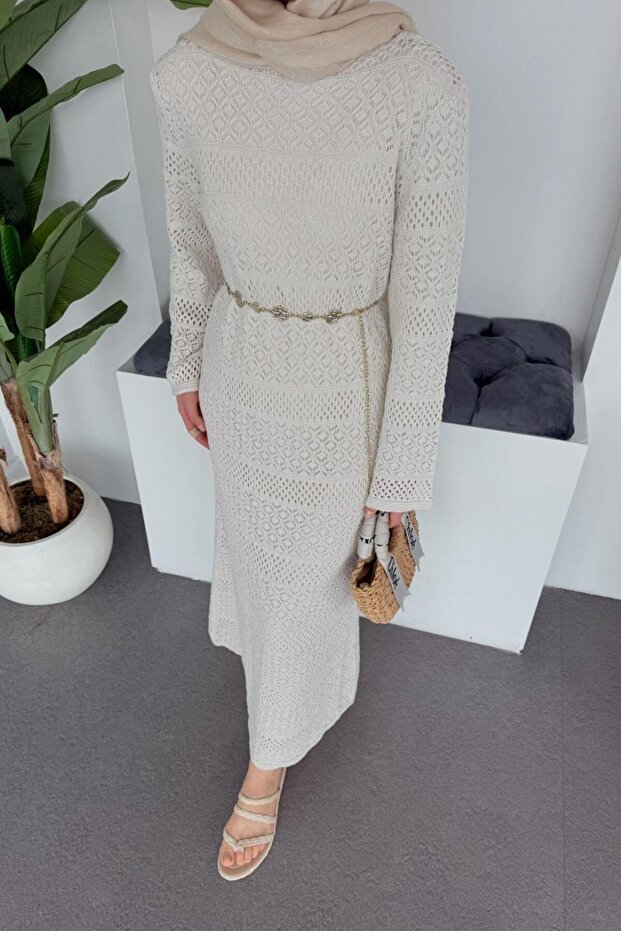 Ajur Örme Elbise Ekru - 3