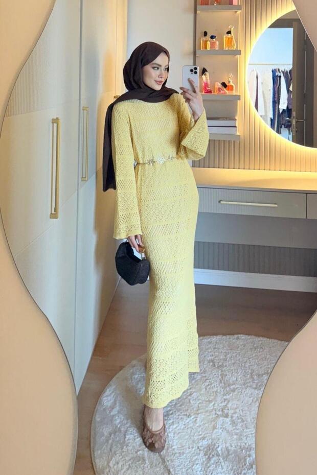 Ajur Örme Elbise Sarı - 4