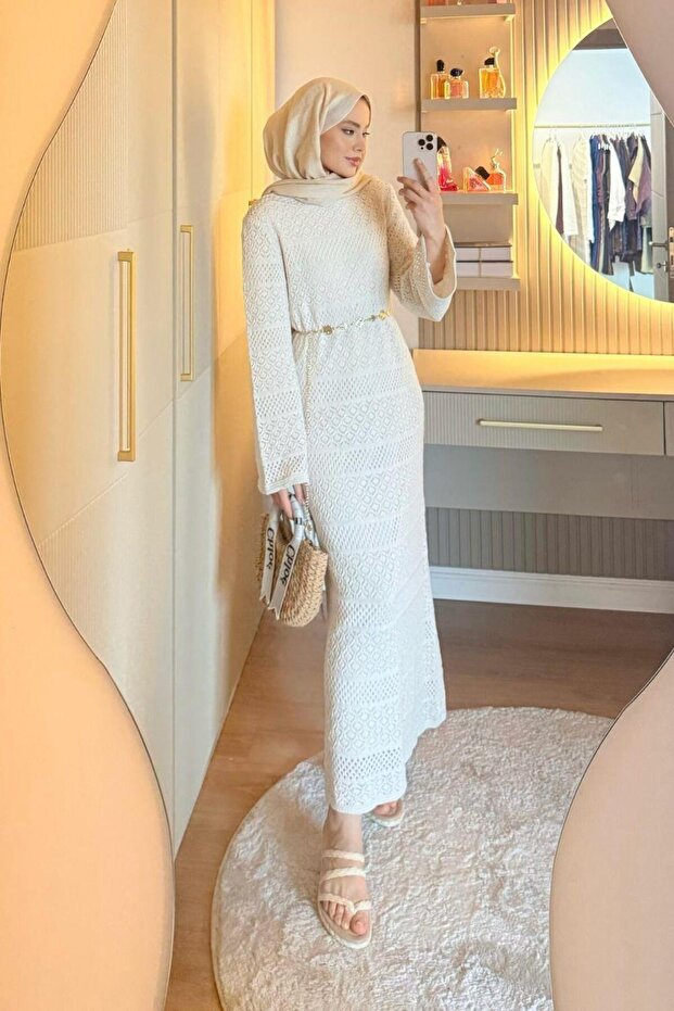 Ajur Örme Elbise Ekru - 1