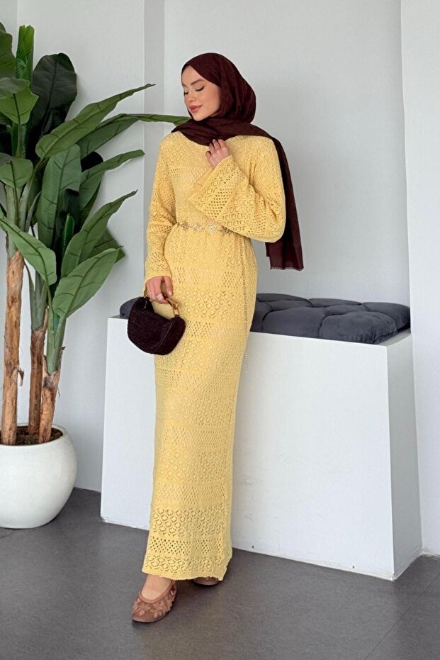Ajur Örme Elbise Sarı - 1