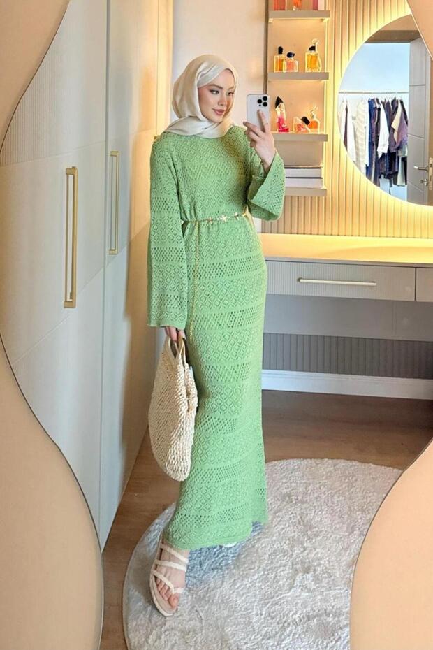 Ajur Örme Elbise Yeşil - 1