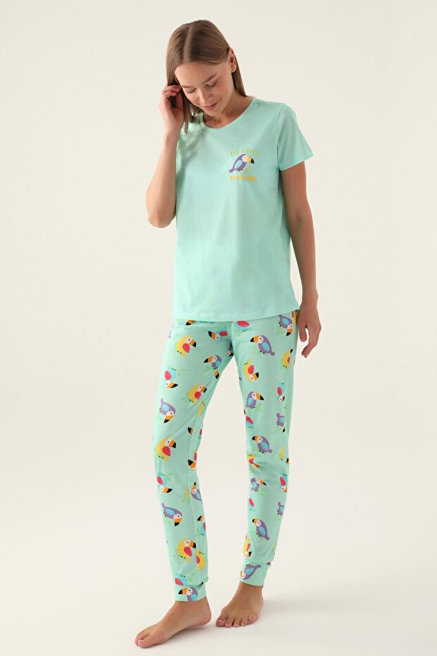 Premium Women's Crew Neck Cotton Patterned Comfortable Fit Cuffed Short Sleeve Pajama Set