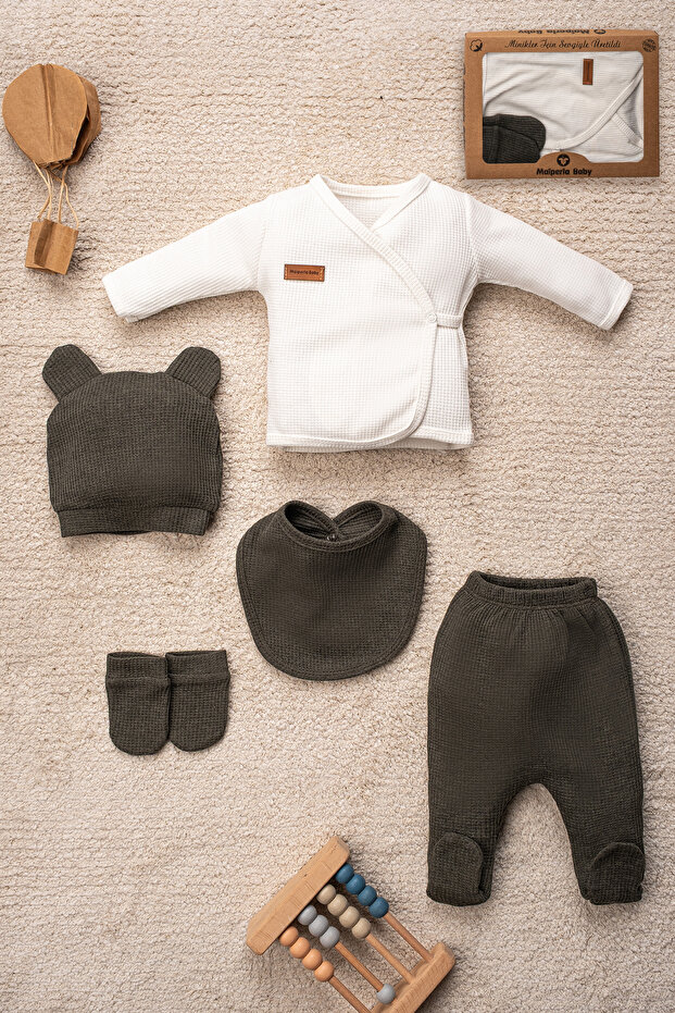 Waffle Fabric Organic Cotton Bear-Ear Hat Boxed 5-Piece Hospital Discharge Set