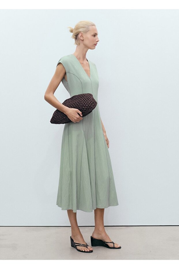 V yaka dikiş detaylı elbise - 2