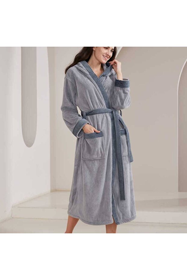 روب حمام عصري بغطاء رأس - رمادي - مقاس 2/3XL