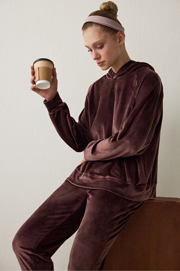 Brown Soft Velvet Warm Thermal Effect Hooded Sweatshirt