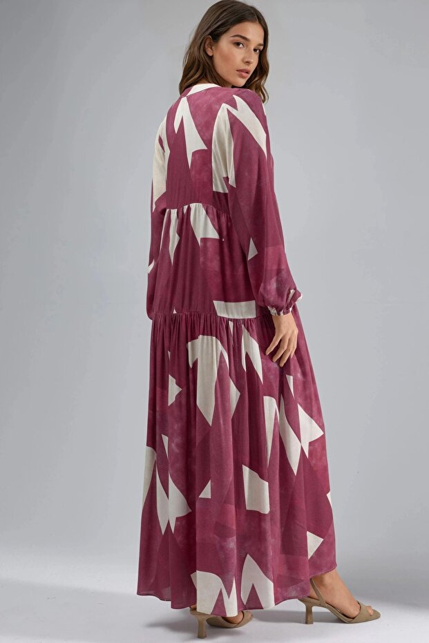 Baskılı Uzun Kol Viskon Modest Elbise - 3