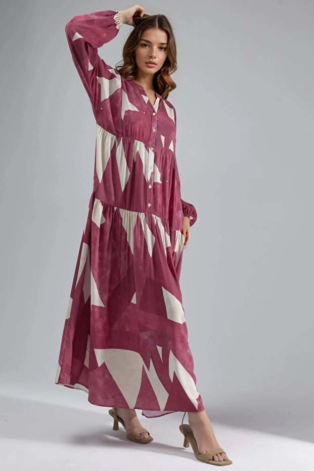 Baskılı Uzun Kol Viskon Modest Elbise - 2