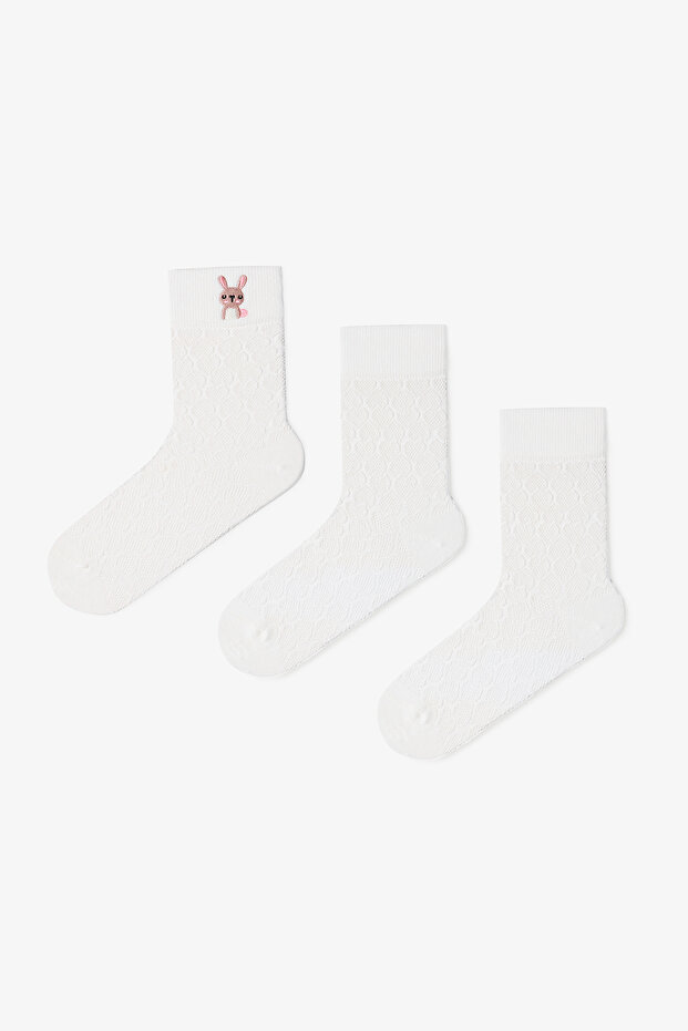 3 Pairs of Cotton Self-Patterned Rabbit Embroidered Socks