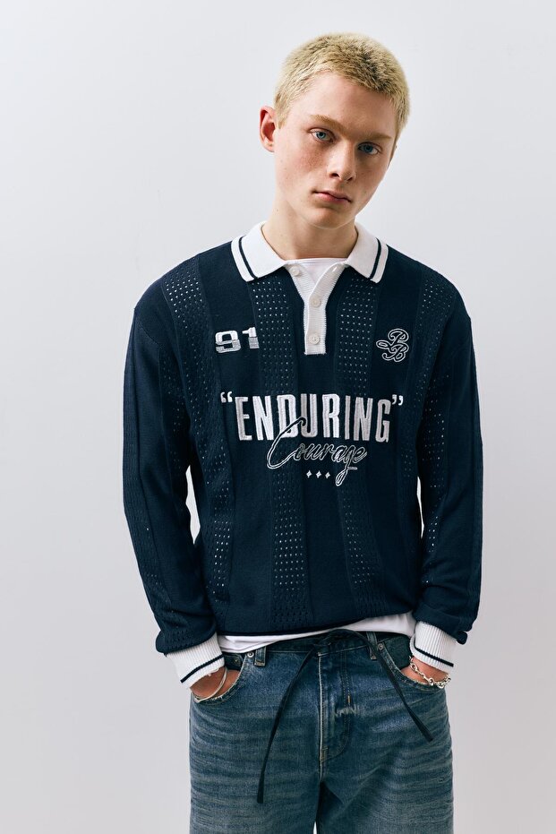 Grafik detaylı örme futbol polo - 2