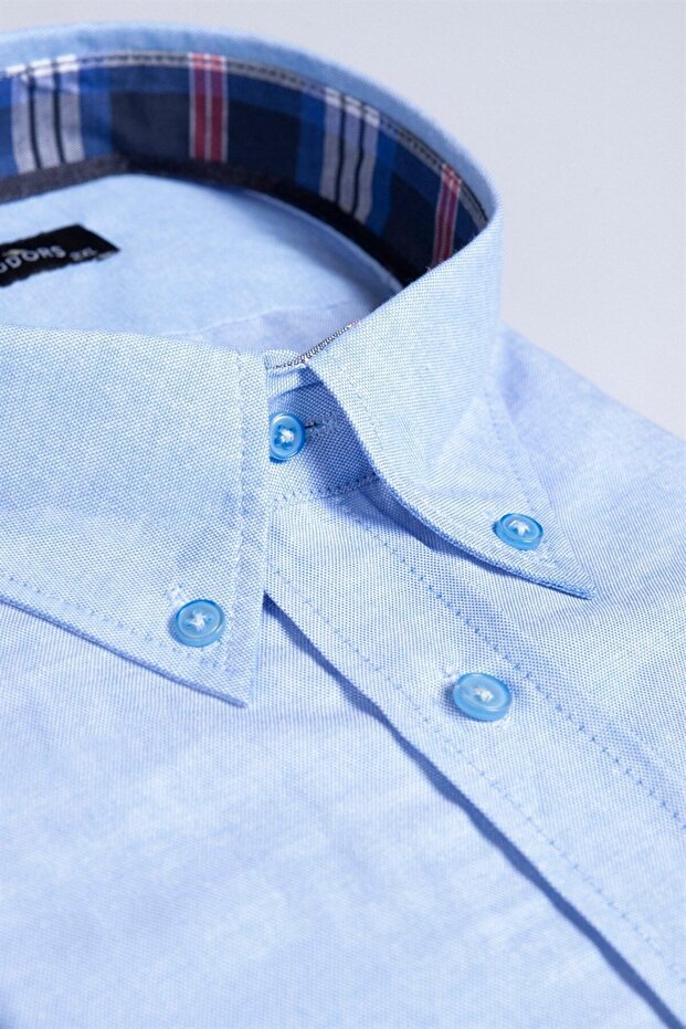 Men's Big Size Plus Size Long Sleeve Cotton Oxford Texture Single Pocket Blue Button Lapel Shirt