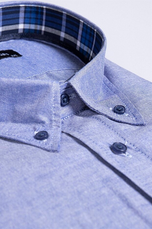Men's Big Size Plus Size Long Sleeve Cotton Oxford Texture Single Pocket Sax Blue Button Lapel Shirt