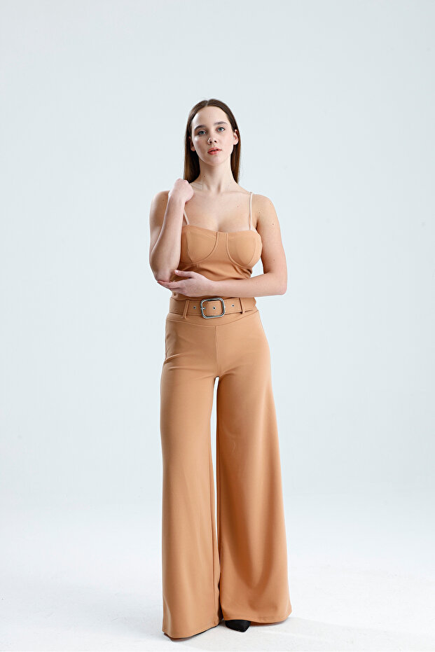Flared Scuba Crepe Trousers with Fabric Covered Belt on the Sides | Pnt33393 Biscuits