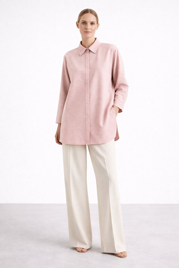 3001 Oversize Basic Pudra Renk Gömlek - 1
