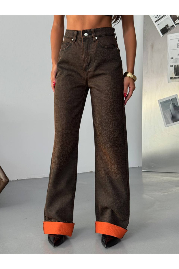 Brown Crocodile Patterned Wide Leg Jeans