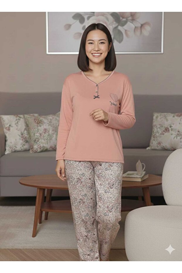 طقم بيجامة منقوشة من الليكرا مقاس كبير - 1