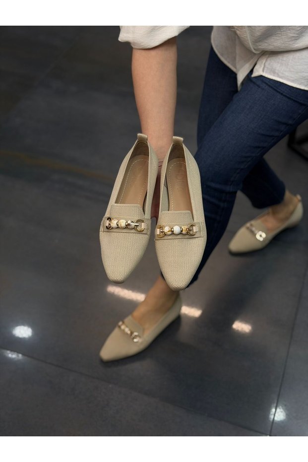 Cream Knitwear Beaded Women's Daily Ballet Flats