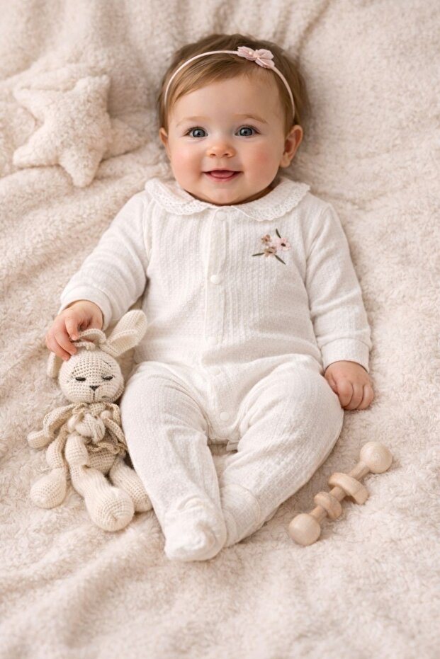 Baby Girl Jacquard Fabric Bandana Embroidered Jumpsuit