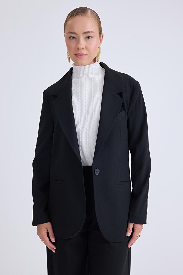 Single Button Front Blazer Jacket - 1