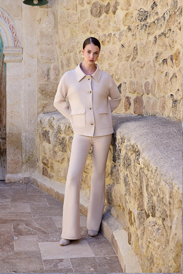 High Waist Flared Leg Suede Fabric Trousers