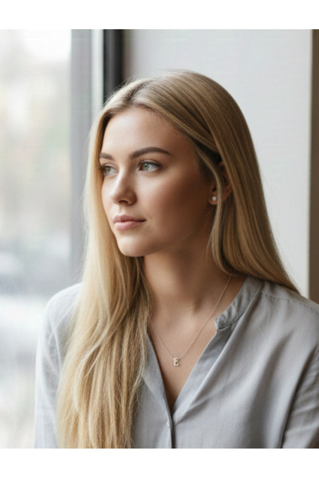 Çelik Gümüş Renk E Harfi Kolye - 1