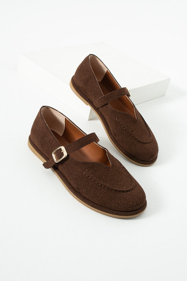 Women’s Brown Suede Buckled Mary Jane Loafer Shoes for Everyday Ruız