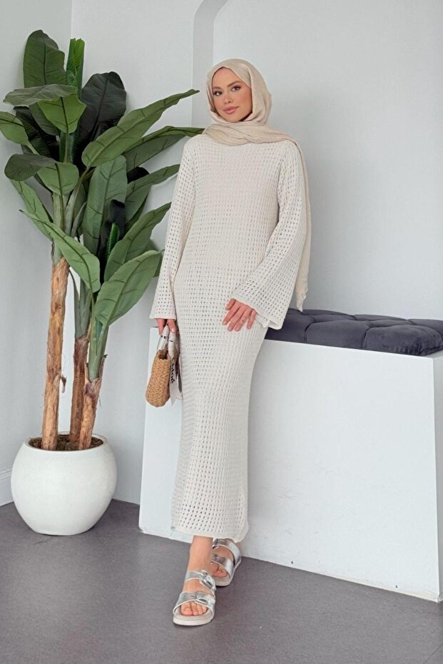 File Ajur Örme Elbise Ekru - 3